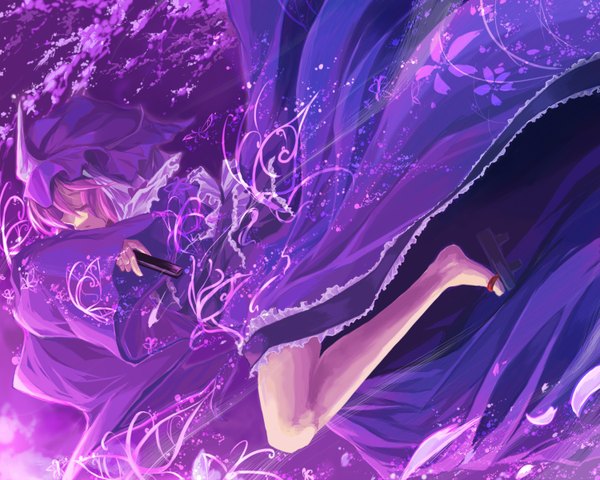 Anime picture 1500x1200 with touhou saigyouji yuyuko sorano eika single short hair pink hair eyes closed traditional clothes japanese clothes barefoot cherry blossoms purple background girl dress flower (flowers) plant (plants) petals tree (trees) bonnet sandals