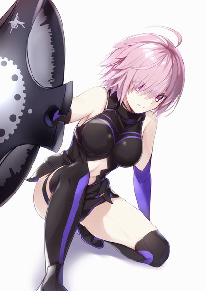 Anime picture 1124x1588 with fate (series) fate/grand order mash kyrielight bee doushi single tall image looking at viewer fringe short hair breasts light erotic simple background large breasts white background purple eyes bare shoulders pink hair full body ahoge hair over one eye