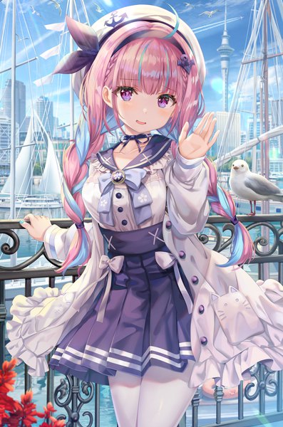 Anime picture 6591x9971 with virtual youtuber hololive minato aqua minato aqua (sailor) torino aqua single long hair tall image looking at viewer blush fringe highres open mouth standing purple eyes payot pink hair absurdres sky cloud (clouds)