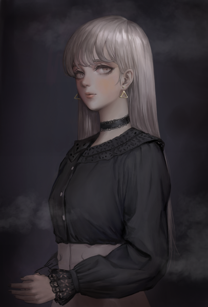 Anime picture 1178x1740 with original usukuchi (impasto life) single long hair tall image looking at viewer blush fringe silver hair upper body blunt bangs portrait dark background silver eyes girl dress earrings choker triangle earrings