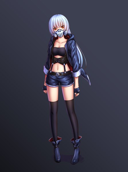 Anime picture 2232x3000 with original fon (artist) single long hair tall image looking at viewer fringe highres simple background red eyes standing white hair open clothes open jacket black background dark background girl thighhighs gloves black thighhighs
