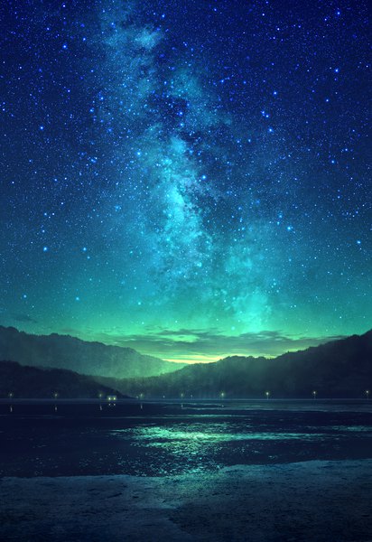 Anime picture 1190x1730 with original mks tall image cloud (clouds) night night sky no people scenic water star (stars) lamppost