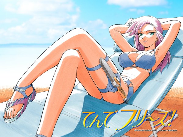 Anime picture 1600x1200 with afternoon (magazine) sonoda kenichi light erotic beach summer swimsuit knife tende freeze