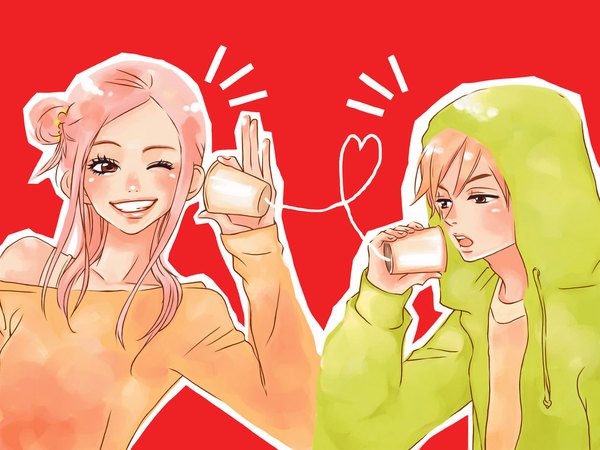Anime picture 1600x1200 with lovely complex toei animation koizumi risa ootani atsushi long hair short hair simple background smile brown hair pink hair one eye closed wink couple red background heart of string girl heart hoodie glass rope