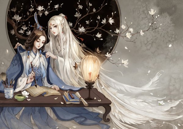Anime picture 1181x834 with original guge li brown hair sitting multiple girls holding white hair very long hair traditional clothes chinese clothes half updo girl flower (flowers) 2 girls plant (plants) earrings petals tree (trees) book (books) insect