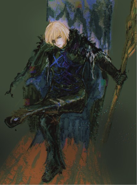 Anime picture 821x1108 with fire emblem fire emblem: three houses nintendo dimitri alexandre blaiddyd lno408 single tall image looking at viewer fringe short hair blue eyes simple background blonde hair hair between eyes sitting holding full body head tilt head rest boy