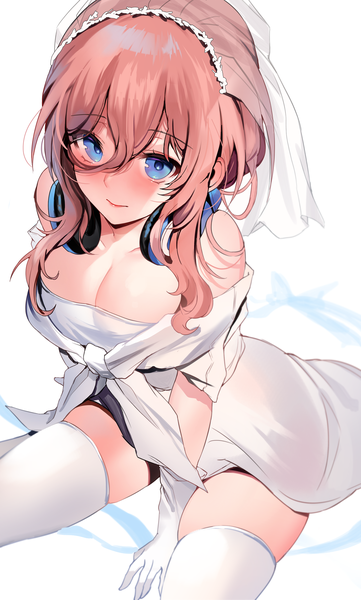 Anime picture 1900x3158 with go-toubun no hanayome original nakano miku zerocat single long hair tall image looking at viewer blush fringe highres breasts blue eyes light erotic smile hair between eyes brown hair large breasts sitting cleavage