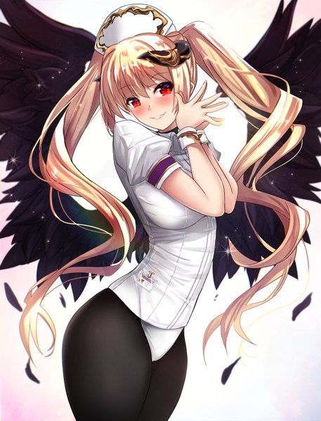 Anime picture 1307x1715 with original fallen angel (untsue) untue single long hair tall image looking at viewer blush fringe breasts light erotic blonde hair simple background smile hair between eyes red eyes standing twintails payot parted lips