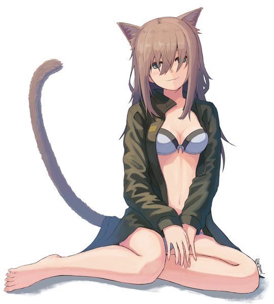 Anime picture 1800x2000 with original amekaze yukinatsu single long hair tall image looking at viewer highres breasts light erotic simple background smile brown hair white background sitting signed animal ears full body tail long sleeves animal tail