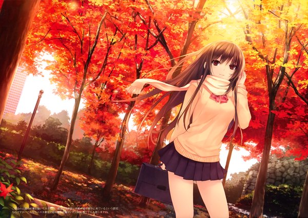 Anime picture 4234x3000 with original coffee-kizoku single long hair looking at viewer highres black hair red eyes standing absurdres pleated skirt wind autumn girl skirt uniform plant (plants) school uniform miniskirt tree (trees)