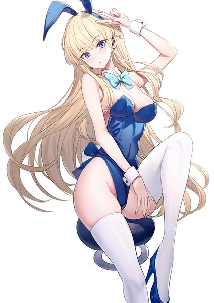 Anime picture 900x1273 with blue archive toki (blue archive) toki (bunny) (blue archive) ririko (zhuoyandesailaer) single long hair tall image looking at viewer blush fringe breasts blue eyes light erotic simple background blonde hair white background sitting animal ears blunt bangs braid (braids)