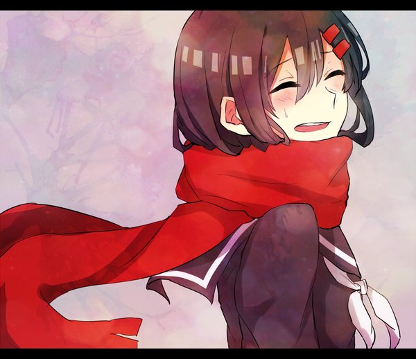 Anime picture 1000x864 with kagerou project shaft (studio) tateyama ayano ringomaru single blush short hair open mouth brown hair eyes closed letterboxed purple background girl uniform hair ornament serafuku hairclip scarf