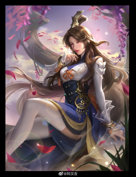 Anime picture 3298x4275 with epic war: thrones tagme (character) hanji zheng single long hair tall image fringe highres brown hair sitting purple eyes signed payot absurdres sky cloud (clouds) outdoors wind realistic arm support