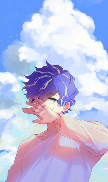 Anime picture 1190x2000 with virtual youtuber holostars astel leda isal (lasi) single tall image short hair blue hair sky cloud (clouds) upper body outdoors multicolored hair aqua eyes streaked hair tears covering covering face boy