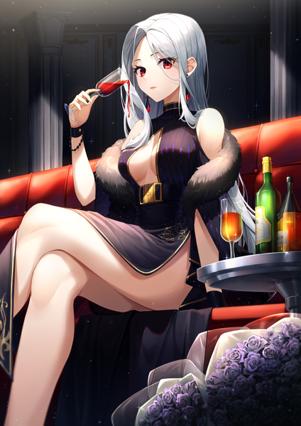 Anime picture 3500x4950 with original star-ring single long hair tall image looking at viewer blush fringe highres breasts light erotic hair between eyes red eyes large breasts sitting bare shoulders holding absurdres silver hair indoors