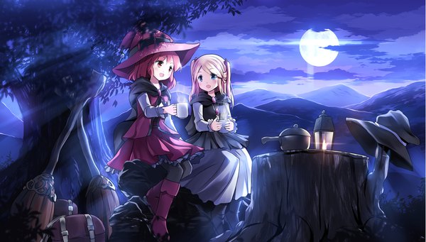 Anime picture 2205x1254 with original risutaru long hair blush highres short hair open mouth blue eyes blonde hair wide image sitting multiple girls holding looking away pink hair cloud (clouds) full body outdoors long sleeves pink eyes