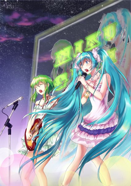 Anime picture 1280x1808 with vocaloid hatsune miku gumi kumo ryuun (artist) tall image short hair open mouth twintails bare shoulders multiple girls cloud (clouds) eyes closed very long hair aqua eyes green hair aqua hair night sky girl dress ribbon (ribbons)
