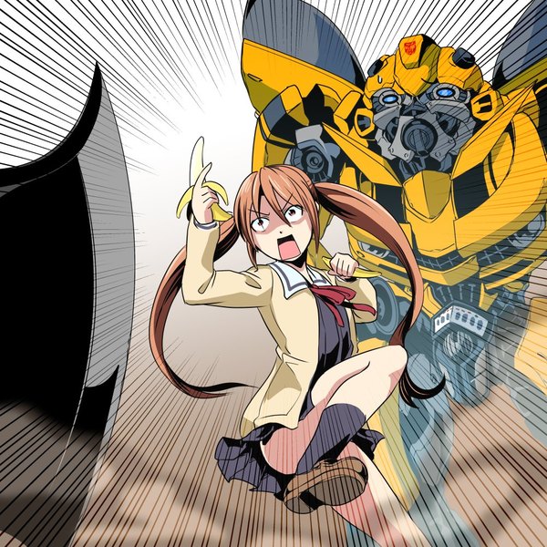 Anime picture 1000x1000 with transformers aho girl hanabatake yoshiko bumblebee kamizono (spookyhouse) single long hair fringe open mouth light erotic simple background hair between eyes brown hair standing twintails holding brown eyes :d standing on one leg sweatdrop