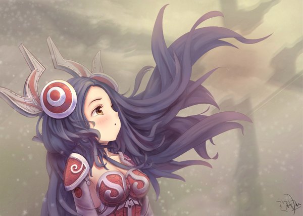 Anime picture 1336x953 with league of legends irelia (league of legends) single long hair blush black hair brown eyes looking away wind tears looking up close-up girl hair ornament armor armored dress