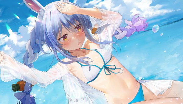 Anime picture 2048x1176 with virtual youtuber hololive usada pekora seicoh single long hair blush fringe highres light erotic hair between eyes wide image standing animal ears yellow eyes blue hair looking away sky cloud (clouds) outdoors