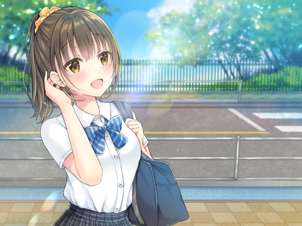 Anime picture 1600x1200 with original ueno tomo single long hair looking at viewer blush fringe open mouth brown hair brown eyes outdoors ponytail sunlight short sleeves happy sweatdrop sunbeam street girl uniform