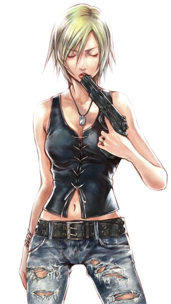 Anime picture 700x1240 with parasite eve (game) aya brea nomura tetsuya single tall image highres short hair blonde hair standing white background bare shoulders eyes closed torn clothes girl navel weapon bracelet belt gun pendant
