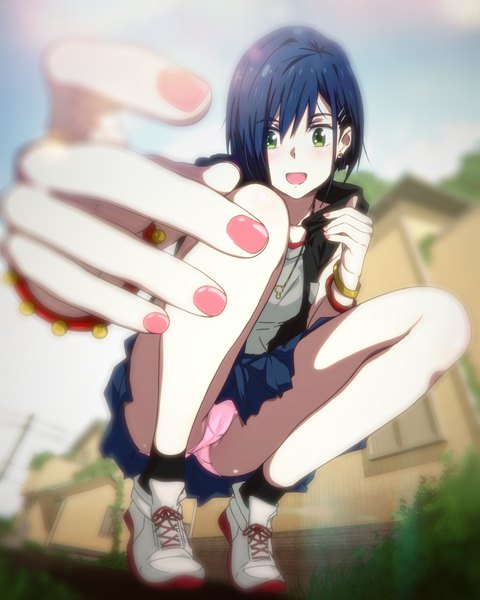 Anime picture 960x1200 with darling in the franxx studio trigger ichigo (darling in the franxx) sbel02 single tall image looking at viewer blush fringe short hair open mouth light erotic smile green eyes blue hair sky outdoors nail polish :d sunlight