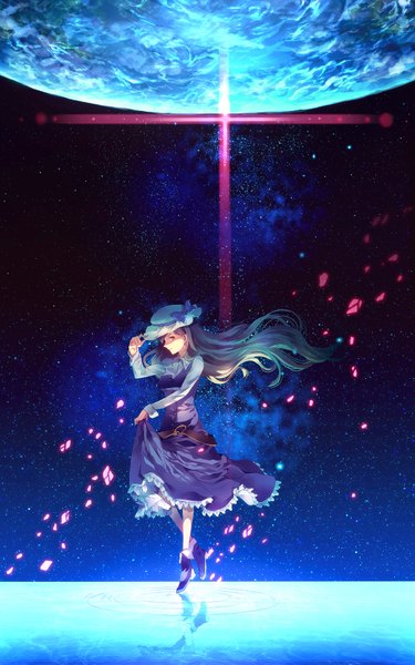 Anime picture 1200x1920 with touhou watatsuki no yorihime sunakumo single tall image brown eyes blue hair light space girl dress petals water frills belt sea star (stars) hat ribbon earth