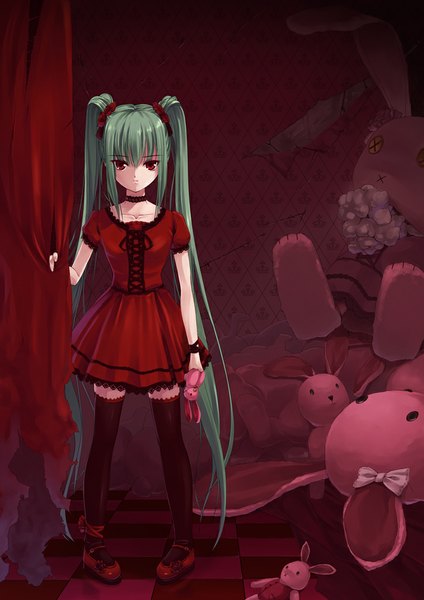 Anime picture 723x1023 with original miyase mahiro single tall image looking at viewer red eyes twintails very long hair green hair loli girl thighhighs dress black thighhighs toy stuffed animal
