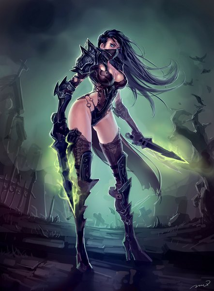 Anime picture 737x1000 with original zhang wei yi single long hair tall image looking at viewer breasts blue eyes light erotic black hair holding dual wielding bare tree glowing weapon warrior girl weapon plant (plants) animal tree (trees)