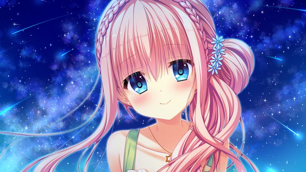 Anime picture 1920x1080 with tenpure!! koiwai sena mitsumomo mamu single long hair looking at viewer blush fringe highres blue eyes smile hair between eyes wide image standing bare shoulders payot pink hair game cg upper body outdoors