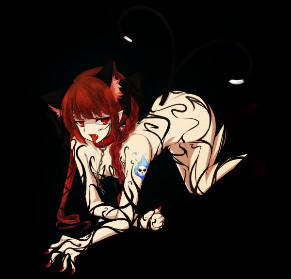 Anime picture 1200x1150 with touhou kaenbyou rin single long hair open mouth light erotic red eyes animal ears red hair animal tail cat ears teeth fang (fangs) tattoo black background extra ears girl tongue chain collar