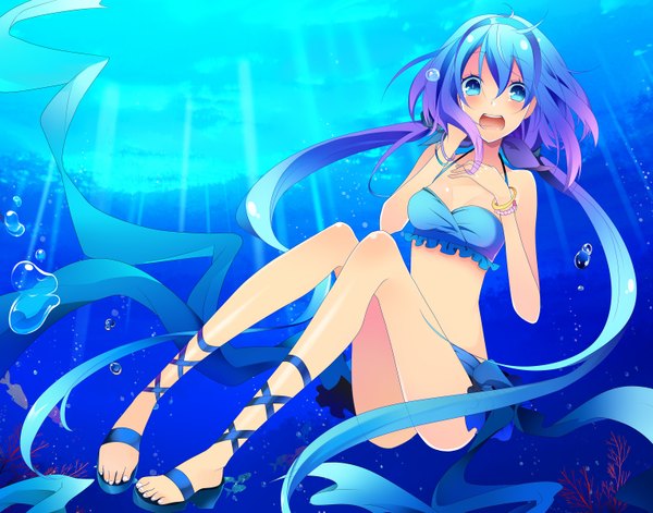 Anime picture 1526x1200 with vocaloid aoki lapis temari (deae) single long hair looking at viewer blush open mouth blue eyes light erotic bare shoulders multicolored hair barefoot two-tone hair underwater girl swimsuit animal bikini water