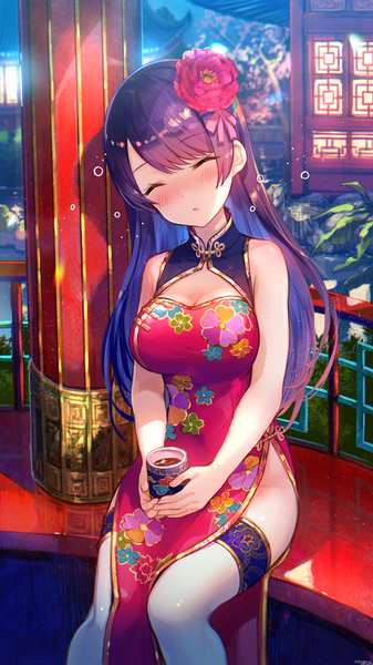 Anime picture 2250x4000 with girl cafe gun shi wuxia criin single long hair tall image blush fringe highres breasts light erotic large breasts sitting bare shoulders holding payot cleavage purple hair eyes closed traditional clothes