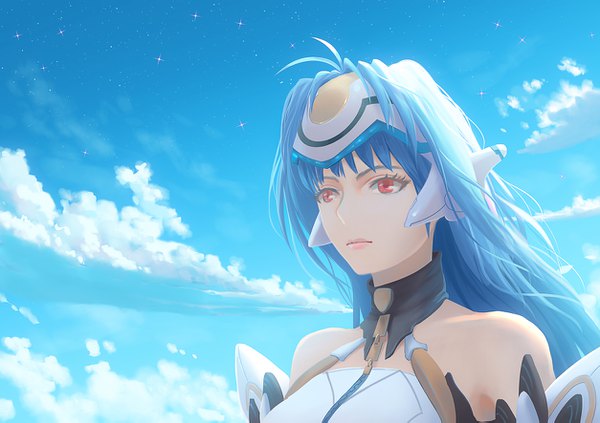 Anime picture 1254x885 with xenosaga monolith software kos-mos fateline alpha single long hair fringe red eyes bare shoulders blue hair looking away sky cloud (clouds) upper body ahoge wind girl headdress star (stars)