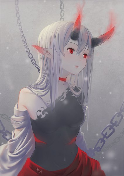 Anime picture 1024x1450 with original anone single long hair tall image blush fringe hair between eyes red eyes signed looking away silver hair parted lips horn (horns) pointy ears blurry off shoulder grey background snowing oni horns