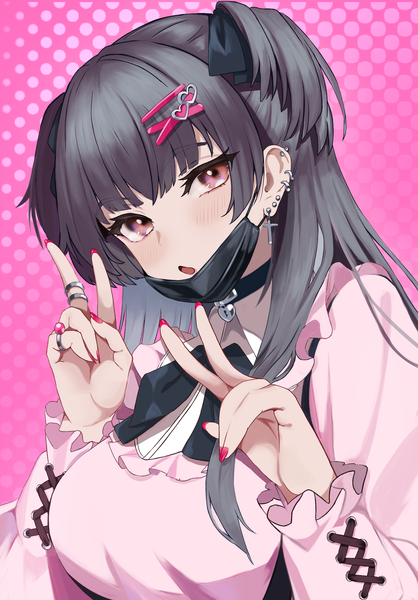 Anime picture 2852x4091 with idolmaster idolmaster shiny colors mayuzumi fuyuko ritseya single long hair tall image looking at viewer fringe highres black hair payot upper body nail polish pink eyes :o two side up piercing victory ear piercing