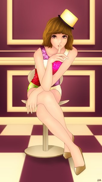 Anime picture 650x1150 with khalitzburg single tall image looking at viewer short hair red eyes brown hair sitting legs finger to mouth girl headdress