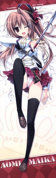 Anime picture 2451x7733 with original aomi maika karory single long hair tall image blush highres open mouth light erotic red eyes brown hair one eye closed wink scan one side up girl thighhighs skirt underwear