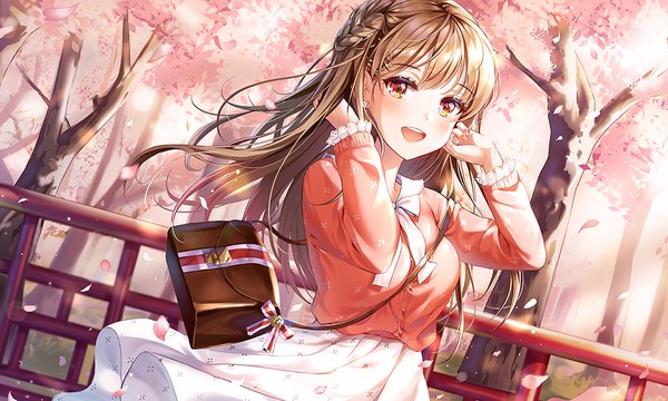 Anime picture 1000x600 with original connie (keean2019) single long hair looking at viewer blush fringe open mouth smile brown hair wide image standing brown eyes outdoors :d wind blurry arms up dutch angle cherry blossoms