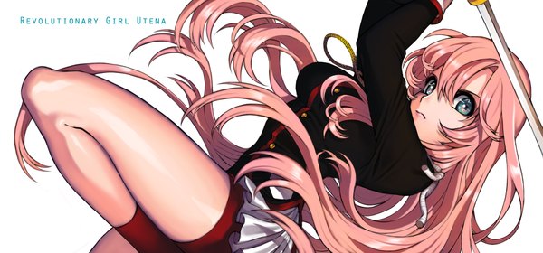 Anime picture 1767x826 with revolutionary girl utena j.c. staff tenjou utena zmfkv single long hair looking at viewer fringe highres simple background wide image white background pink hair aqua eyes inscription girl weapon sword leggings