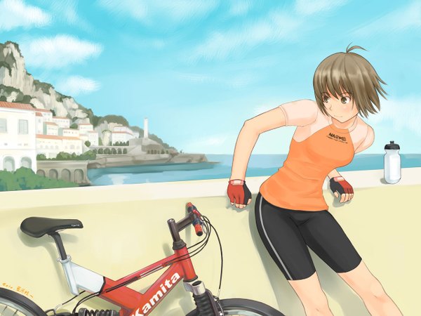 Anime picture 1280x960 with kaichi aihara single blush short hair brown eyes sky ahoge wind city mountain girl water sea fingerless gloves building (buildings) bottle ground vehicle leggings bicycle