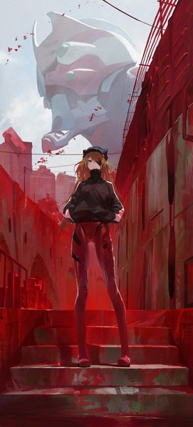 Anime picture 2976x6579 with neon genesis evangelion rebuild of evangelion evangelion: 3.0 you can (not) redo gainax soryu asuka langley eva 02 modare single long hair tall image fringe highres blue eyes hair between eyes standing full body outdoors orange hair hands in pockets girl