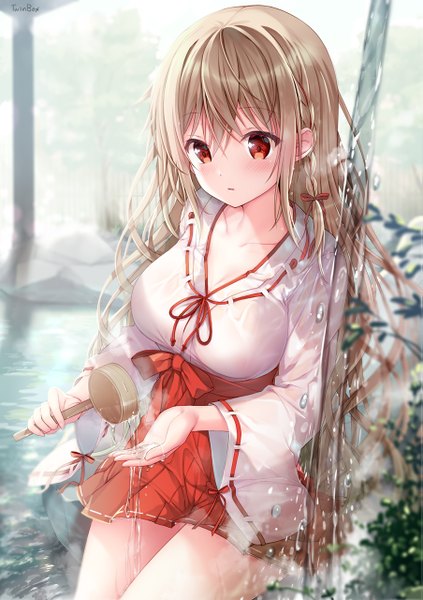 Anime picture 903x1280 with original maeda shiori sousouman single long hair tall image blush fringe breasts light erotic hair between eyes red eyes brown hair large breasts sitting signed looking away cleavage braid (braids) traditional clothes
