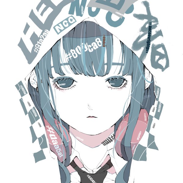 Anime picture 6000x6000 with original no copyright girl single long hair looking at viewer fringe highres simple background white background absurdres aqua eyes aqua hair portrait expressionless headphones around neck girl headphones hood