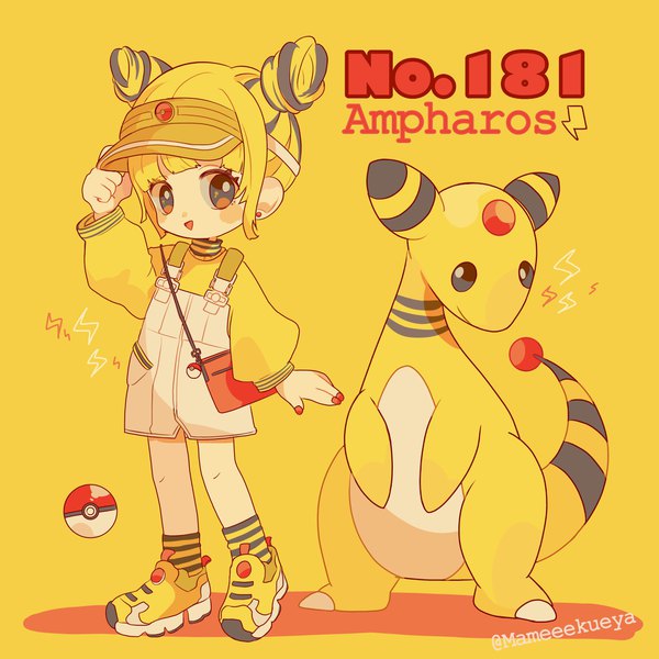 Anime picture 1923x1923 with pokemon nintendo ampharos mameeekueya single highres short hair simple background blonde hair standing signed payot full body nail polish multicolored hair two-tone hair hair bun (hair buns) character names twitter username yellow background