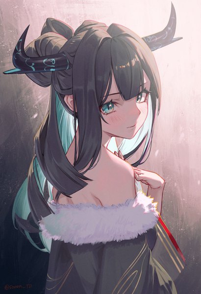 Anime picture 1693x2476 with original sooon single long hair tall image looking at viewer blush fringe black hair signed upper body blunt bangs looking back multicolored hair arm up horn (horns) aqua eyes light smile off shoulder two-tone hair