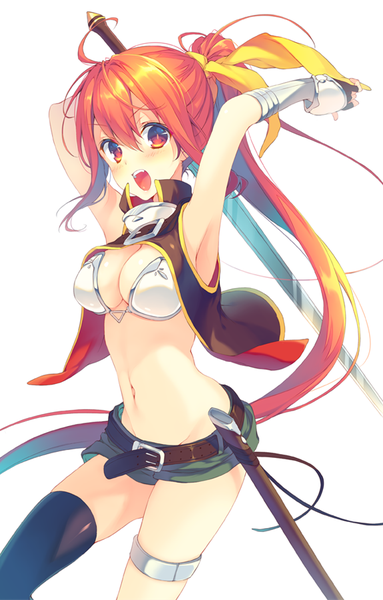 Anime picture 575x900 with original reia long hair tall image looking at viewer blush fringe open mouth light erotic simple background hair between eyes red eyes white background bent knee (knees) ponytail red hair arms up armpit (armpits) happy girl