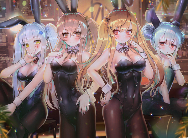 Anime picture 1500x1109 with girls frontline hk416 (girls frontline) ump45 (girls frontline) ump9 (girls frontline) g11 (girls frontline) hanato (seonoaiko) long hair looking at viewer blush fringe breasts light erotic smile hair between eyes red eyes brown hair standing sitting twintails bare shoulders