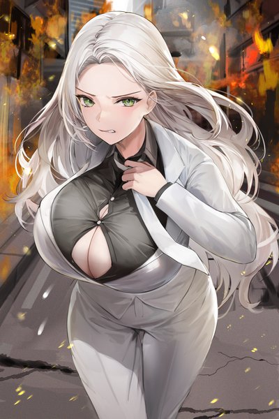 Anime picture 4000x6000 with original lillly single long hair tall image looking at viewer highres breasts light erotic large breasts standing green eyes absurdres silver hair outdoors long sleeves thigh gap serious clenched teeth adjusting necktie